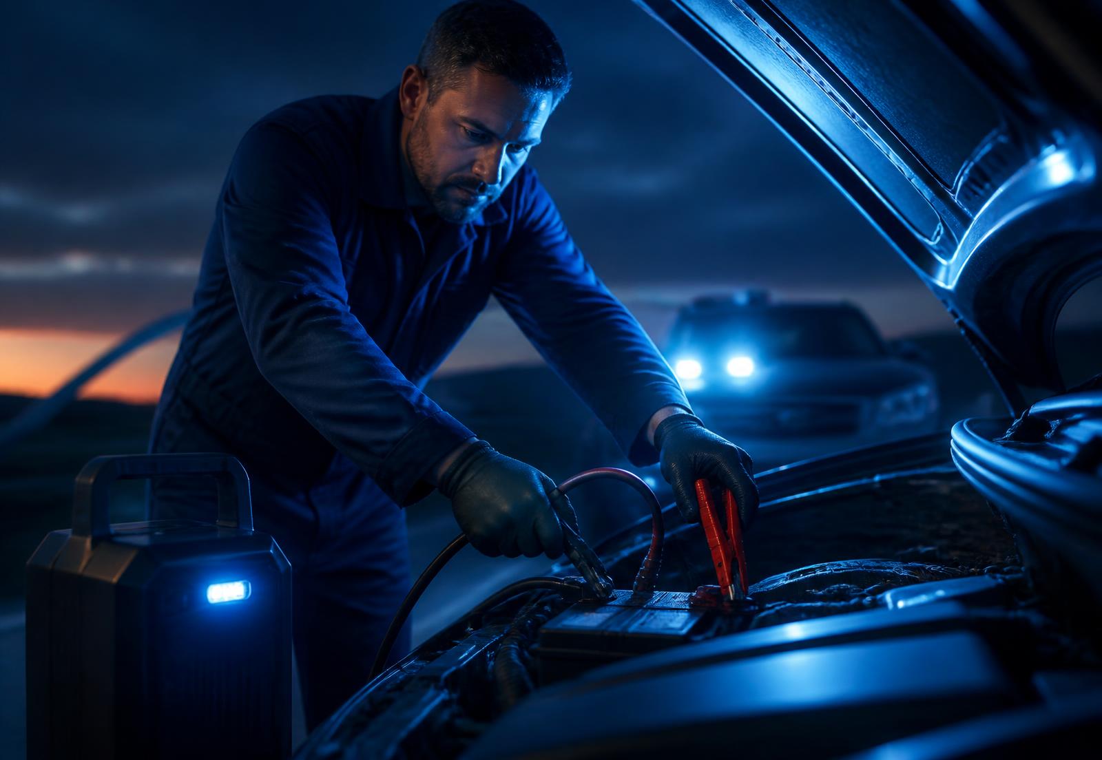 Professional jump start equipment being connected to a car battery at the roadside